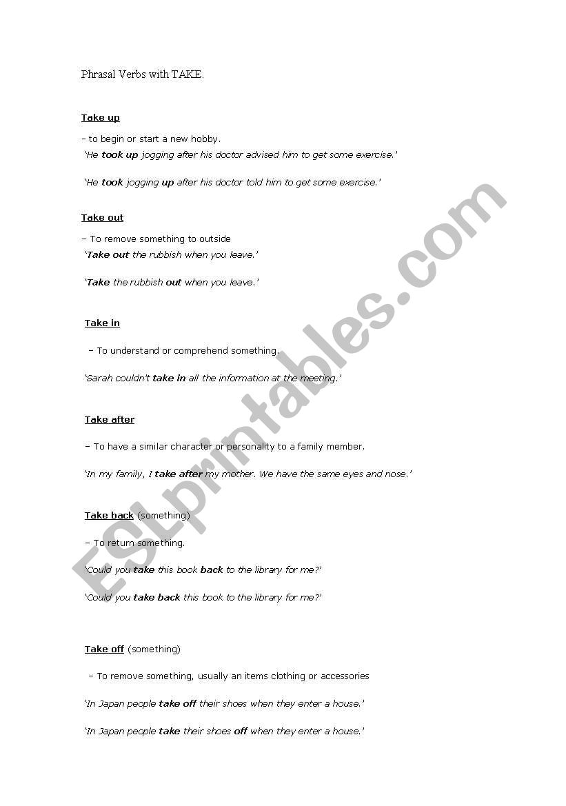 Phrasal Verbs with take worksheet