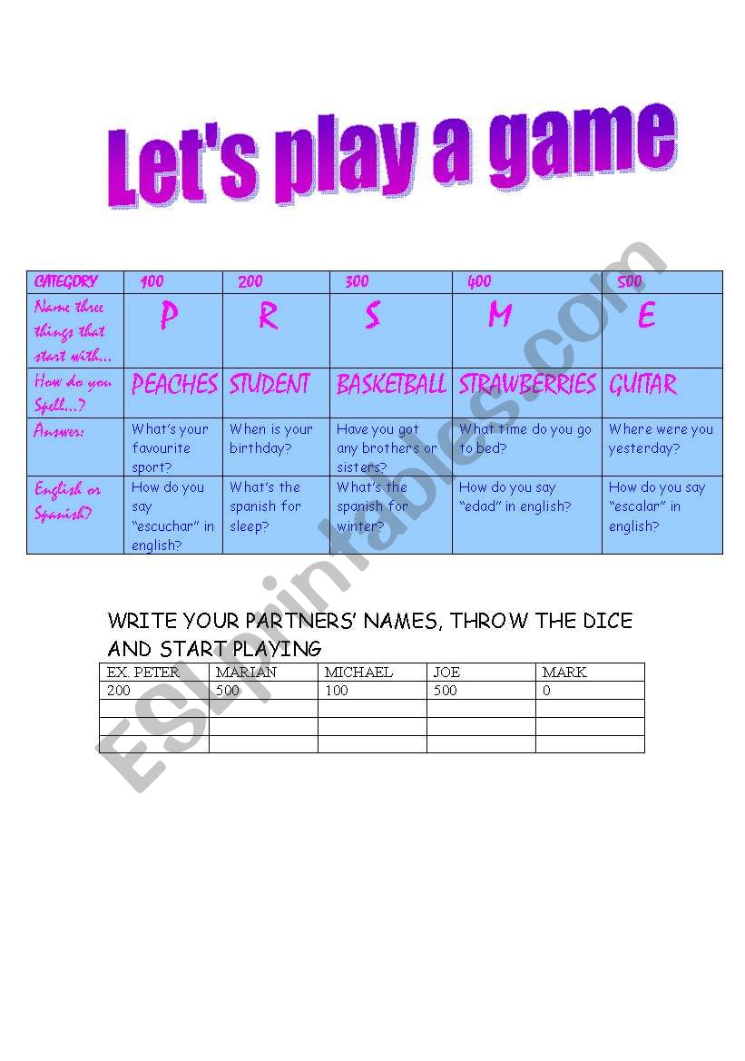 DICE GAME worksheet