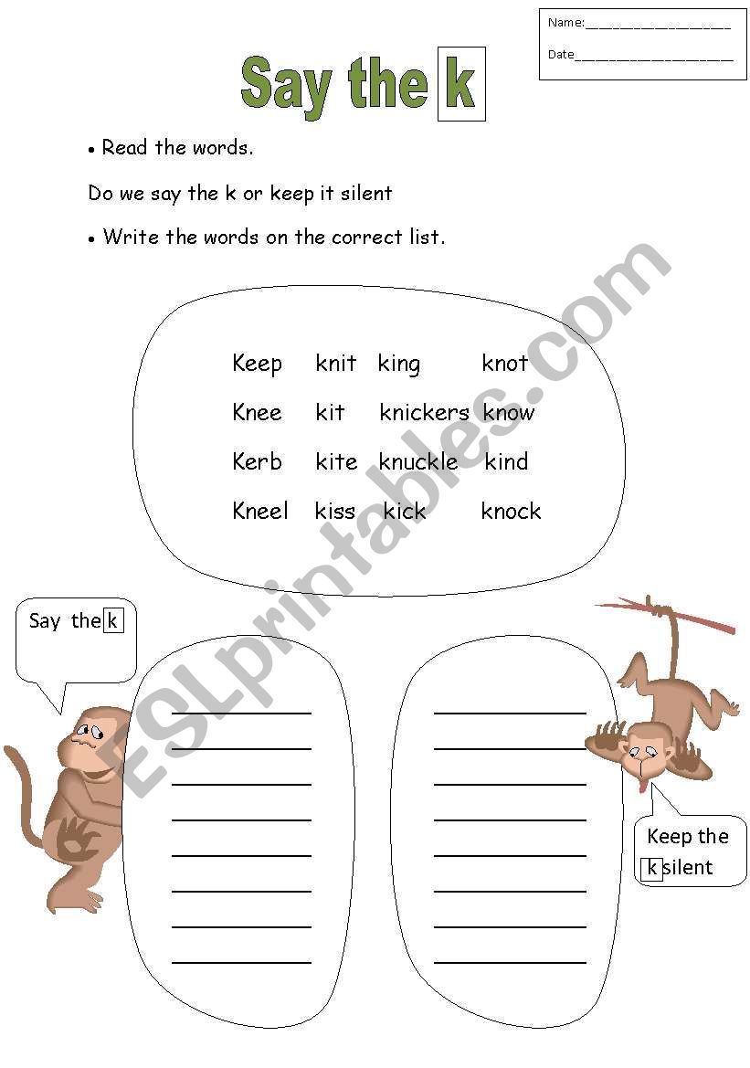 Silent K ESL Worksheet By Gstephens
