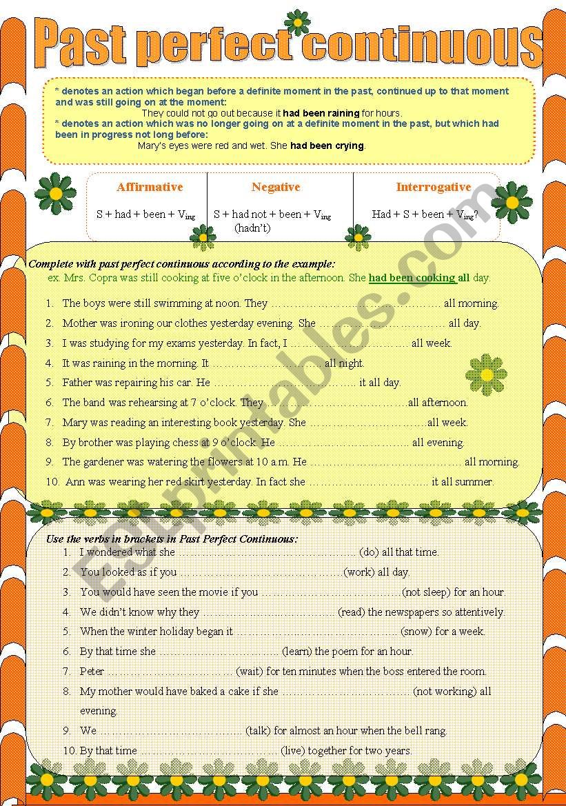 Past perfect continuous worksheet