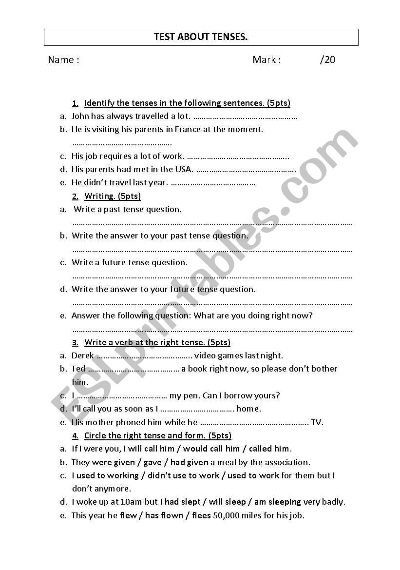 Test on Tenses worksheet