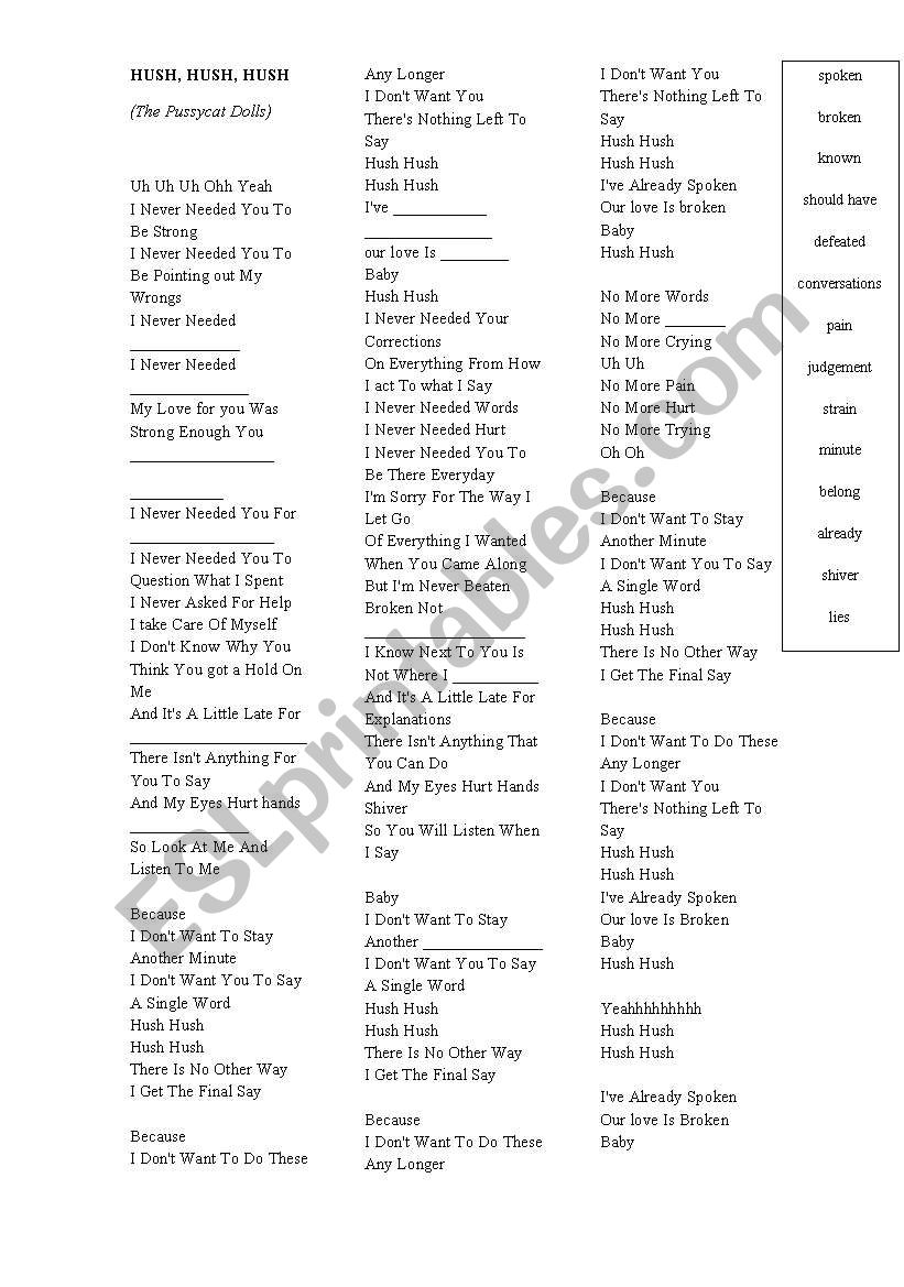 Hush hush - Song activity worksheet