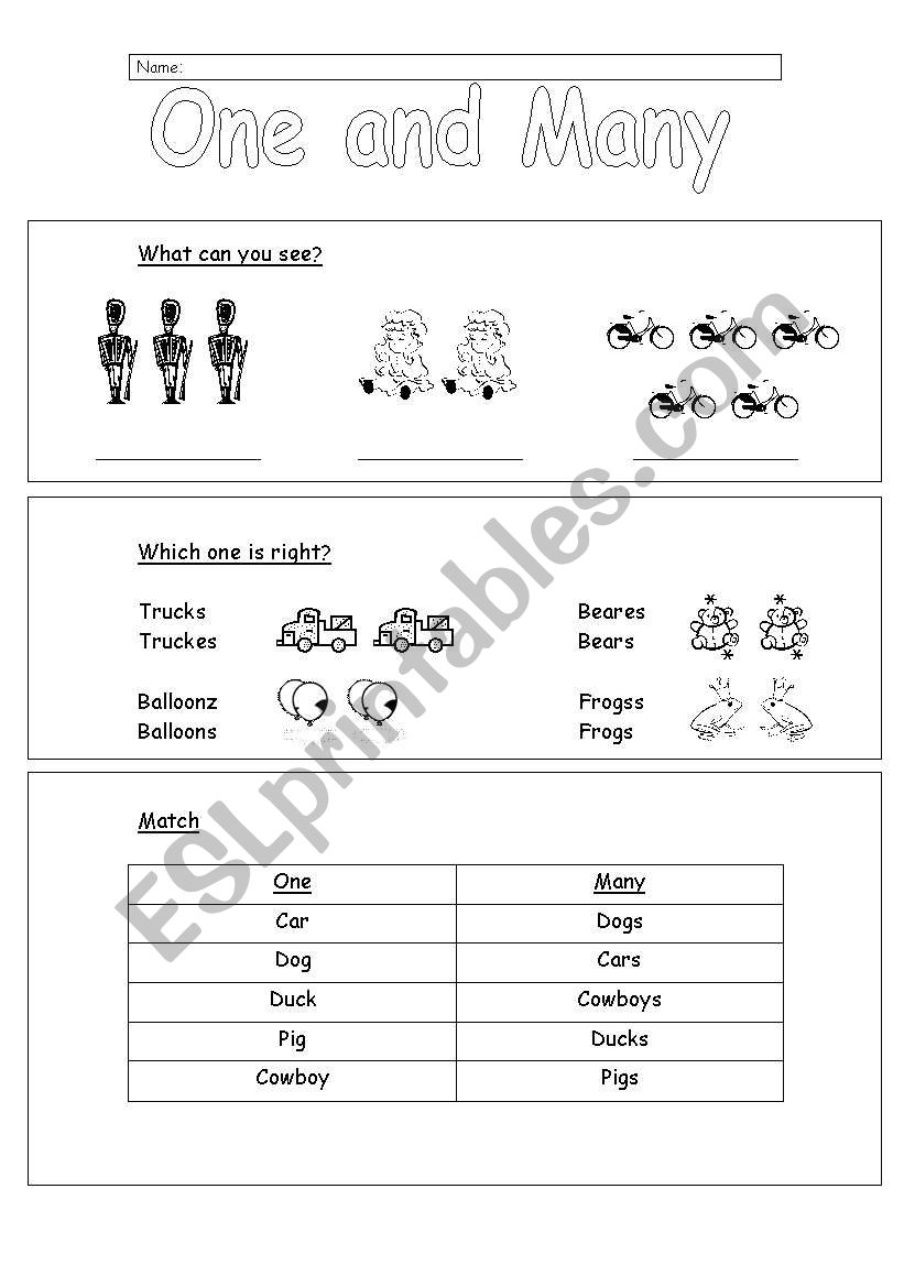 English Worksheets One And Many