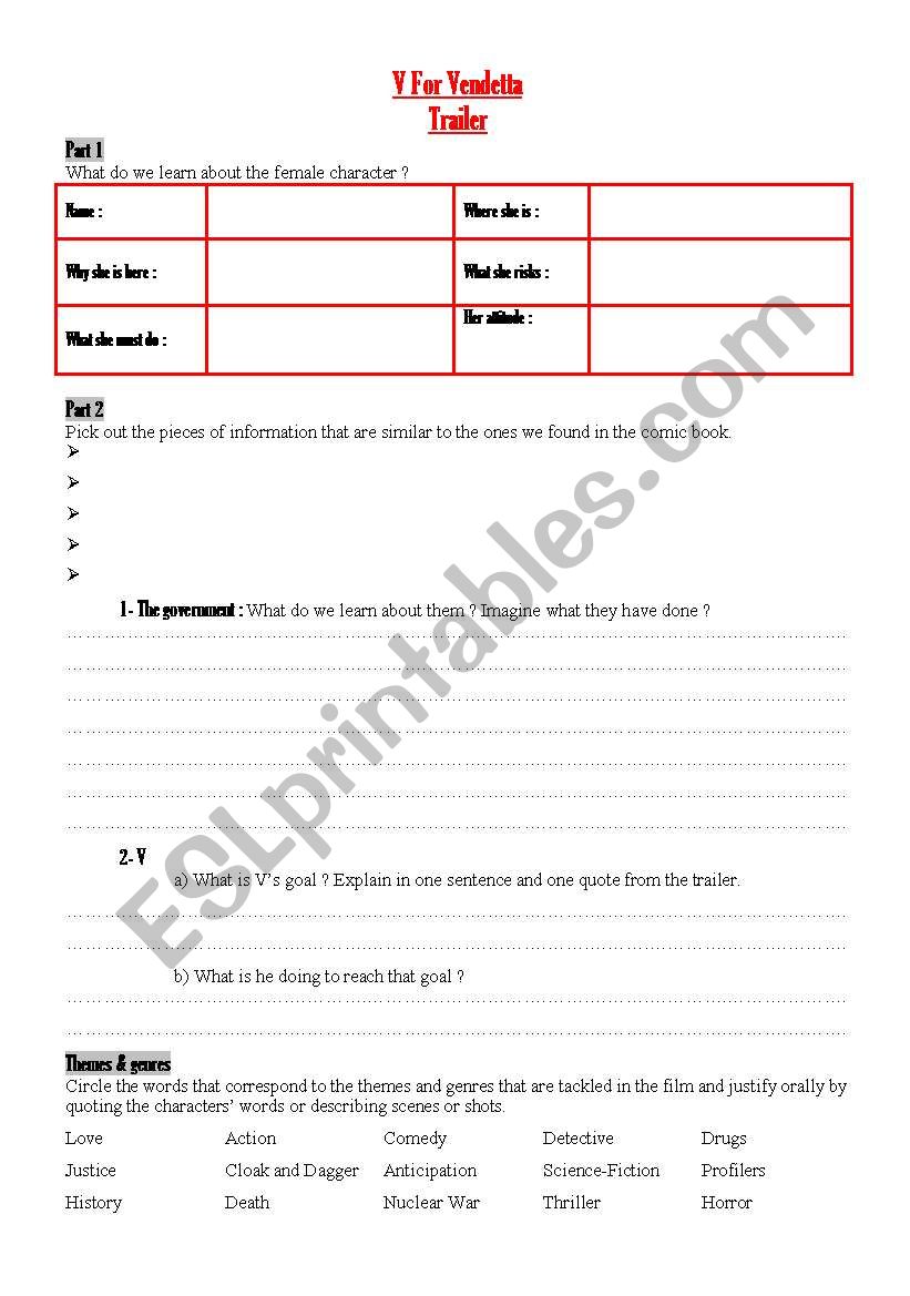 V For Vendetta- Trailer worksheet