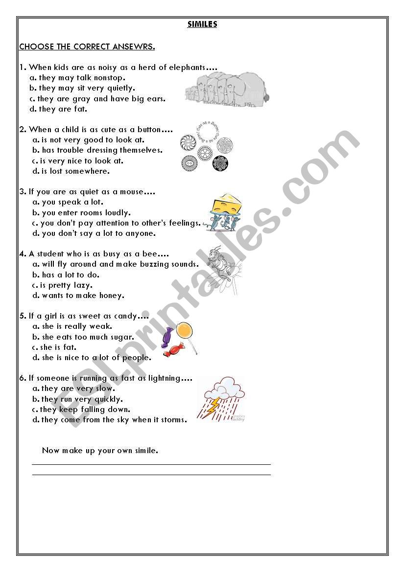 similes worksheet