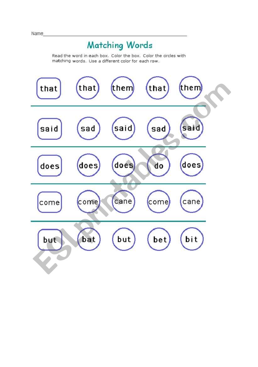 Matching words worksheet