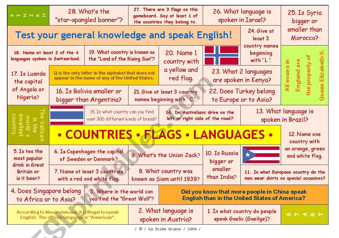 QUESTION GAME ON COUNTRIES, FLAGS AND LANGUAGES for elementary and pre-intermediate level  can be used with adults, too  FULLY EDITABLE  ANSWER KEY INCLUDED!!