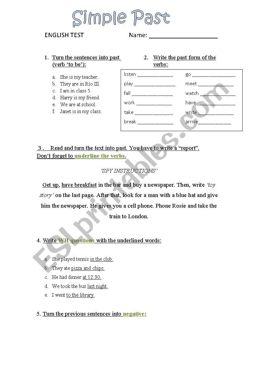 Test: Simple past  worksheet