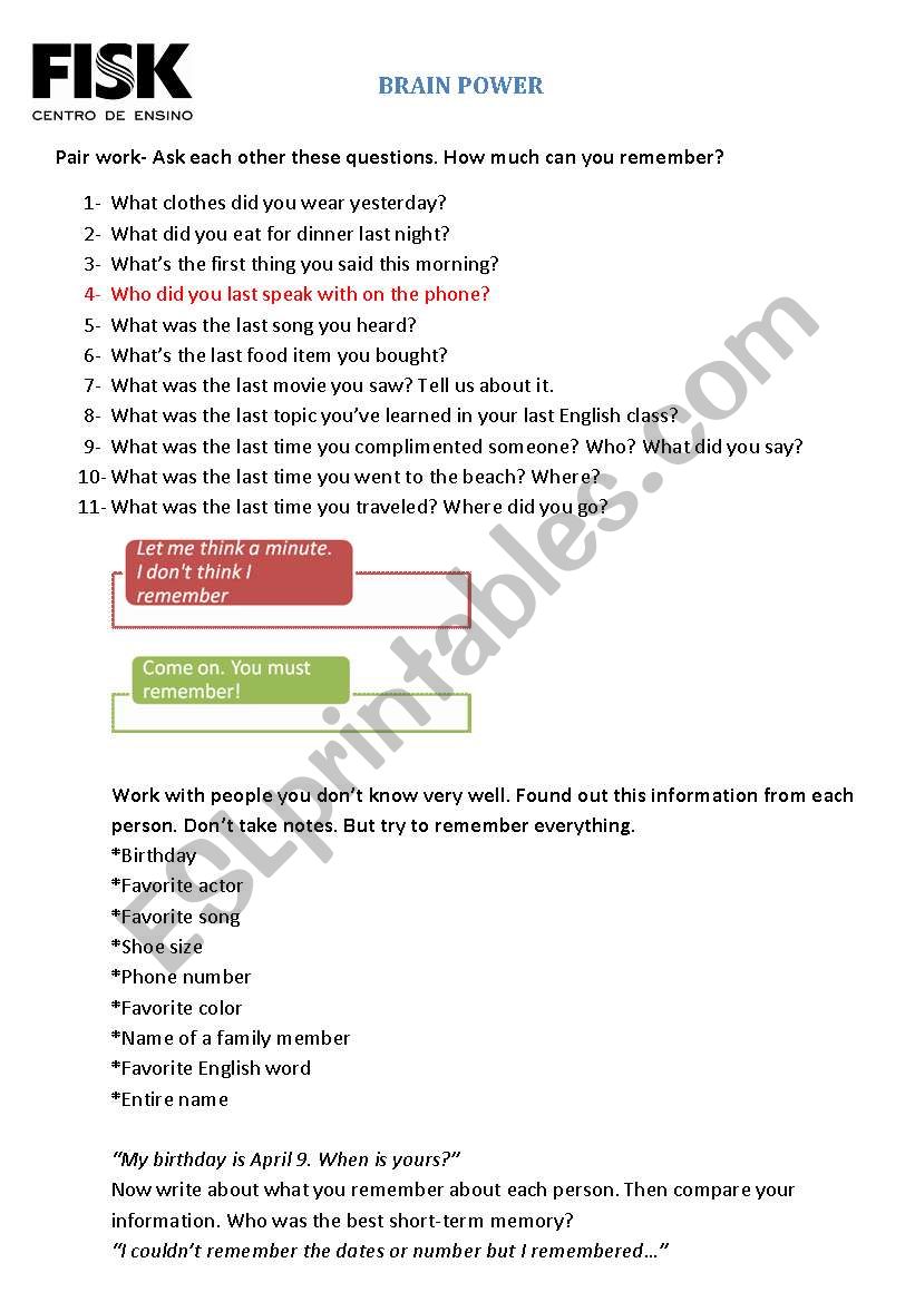 brain power worksheet
