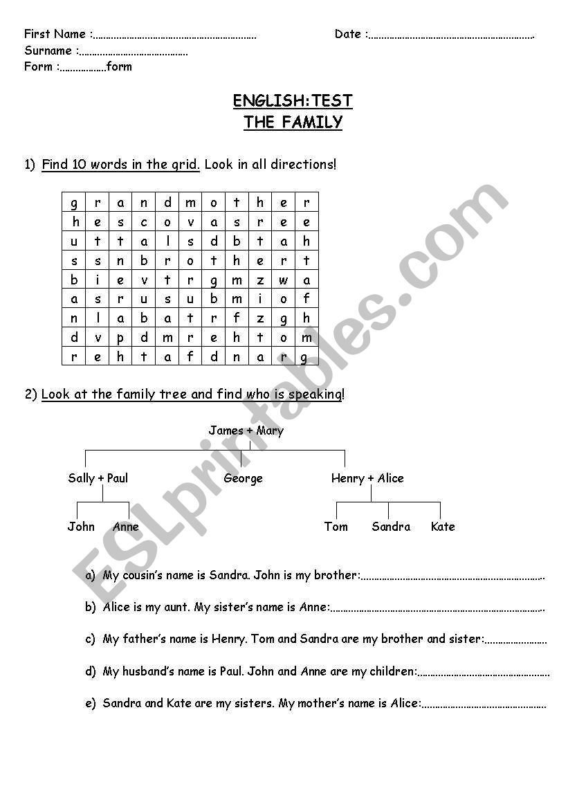 The Family : written test worksheet