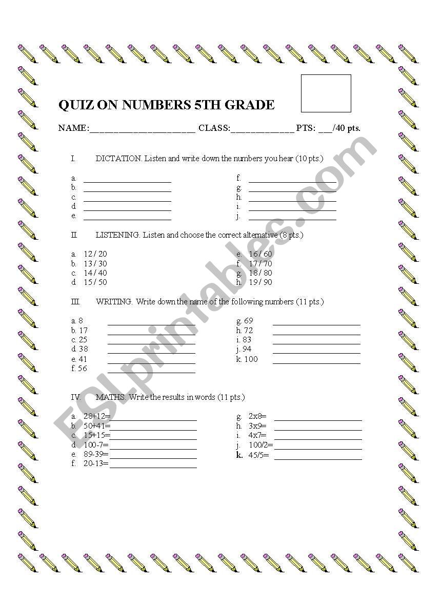 QUIZ ON NUMBERS worksheet