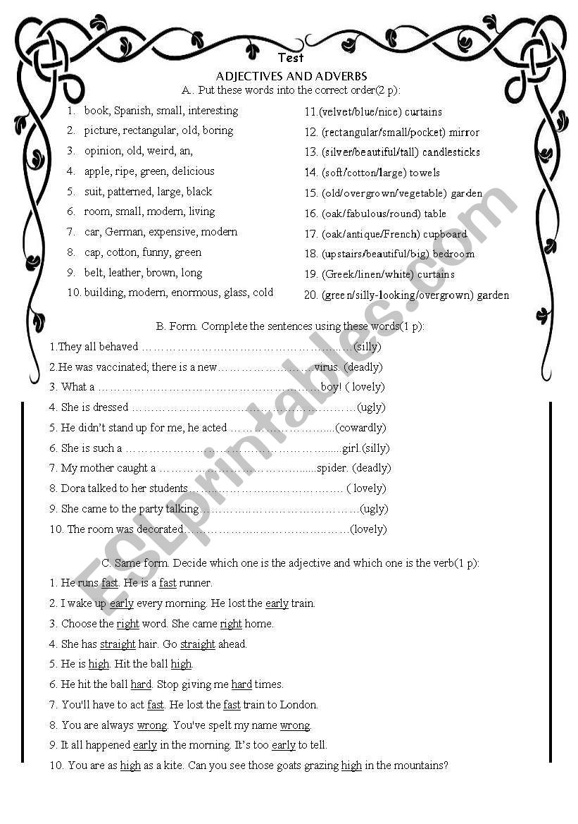 Adjectives and Adverbs Test worksheet