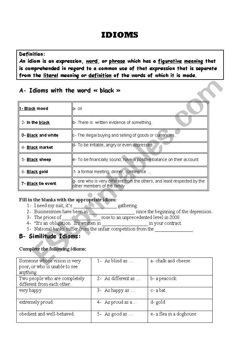 IDIOMS worksheet