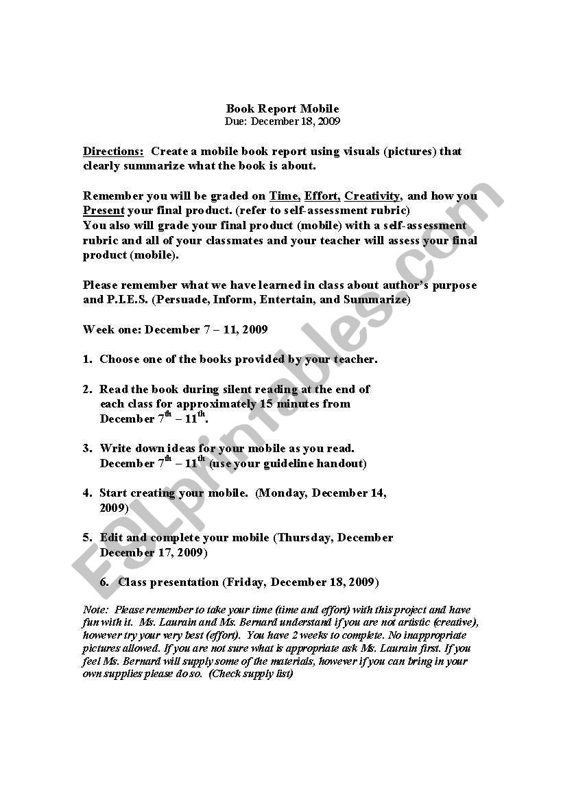 Book Report Mobile worksheet