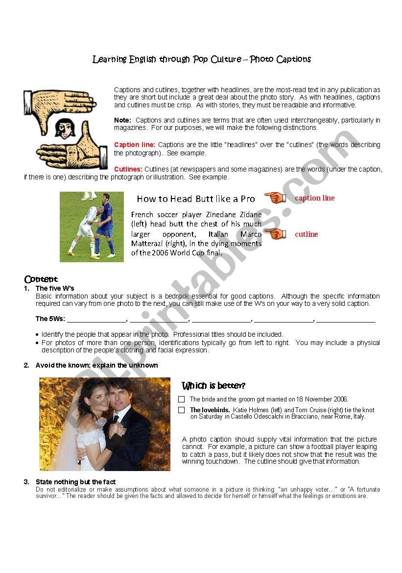 Photo Captions worksheet