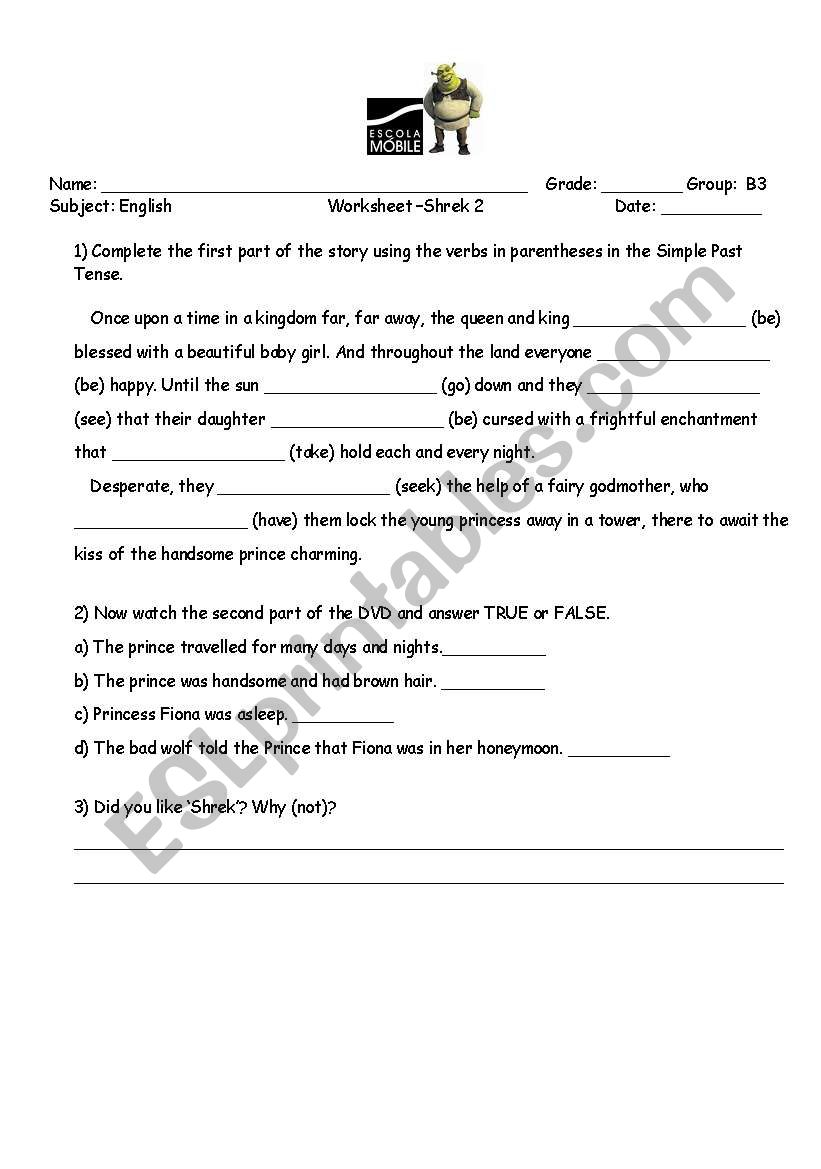 Shrek-simple past worksheet