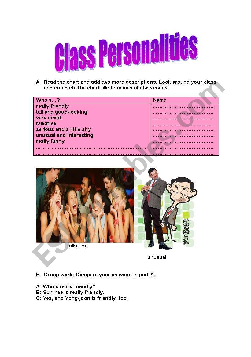 Class personalities worksheet