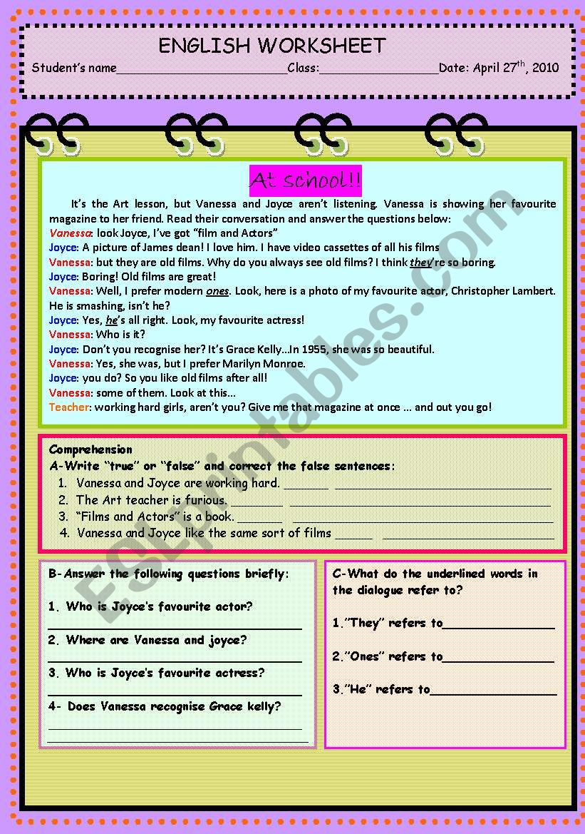 Reading comprehension worksheet