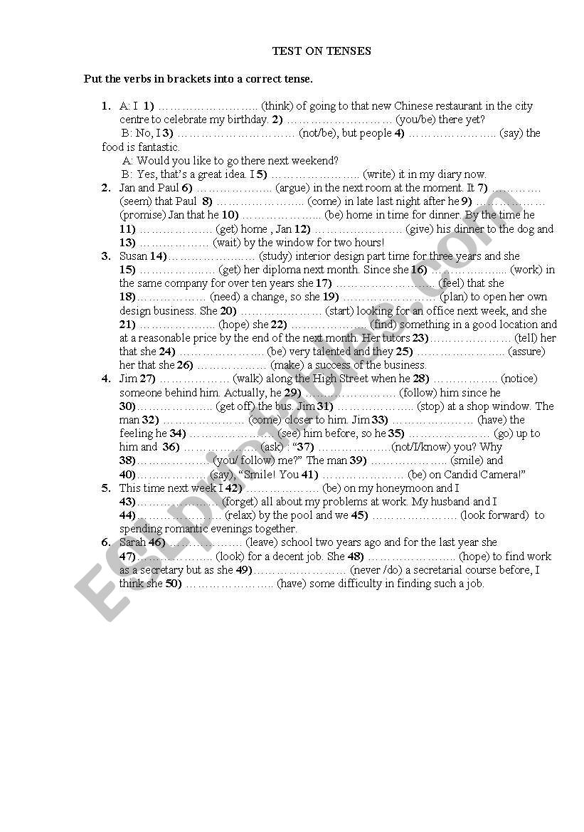 Test on tenses (all) with an answer key