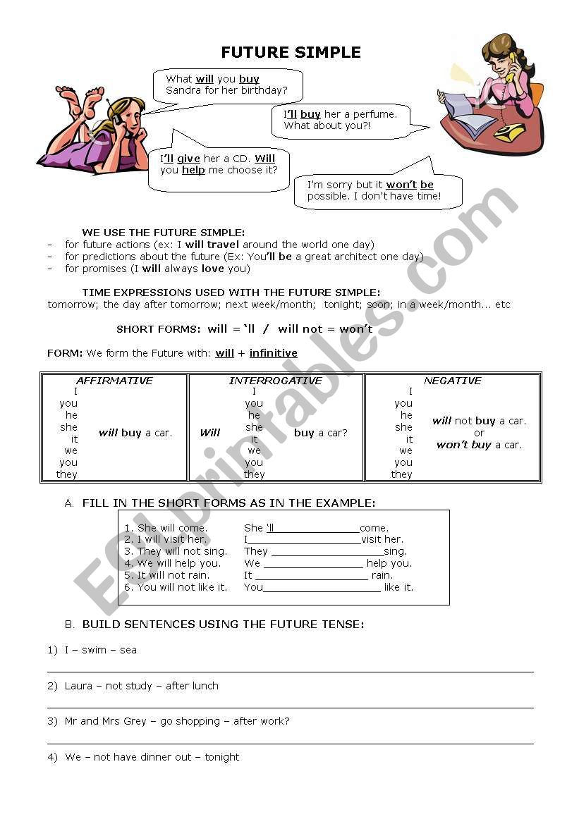 2 page worksheet about the FUTURE SIMPLE