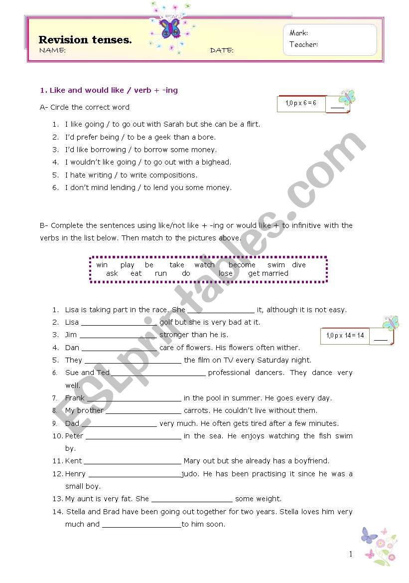 Revision tenses (Conditionals / Infinitive - gerund - would like to / so, such a & too)