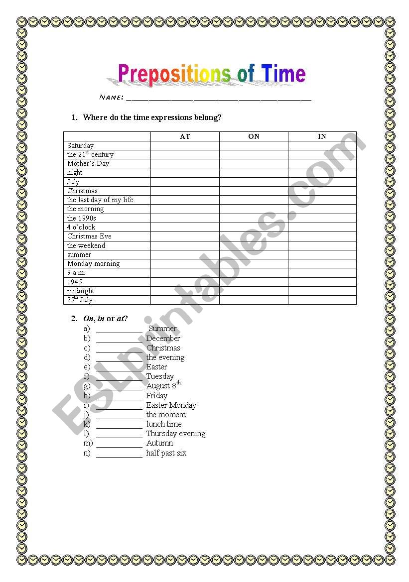 Prepositions of Time: at, on, in