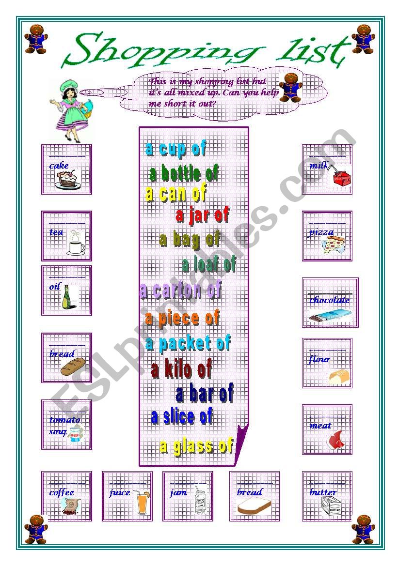 shopping list worksheet