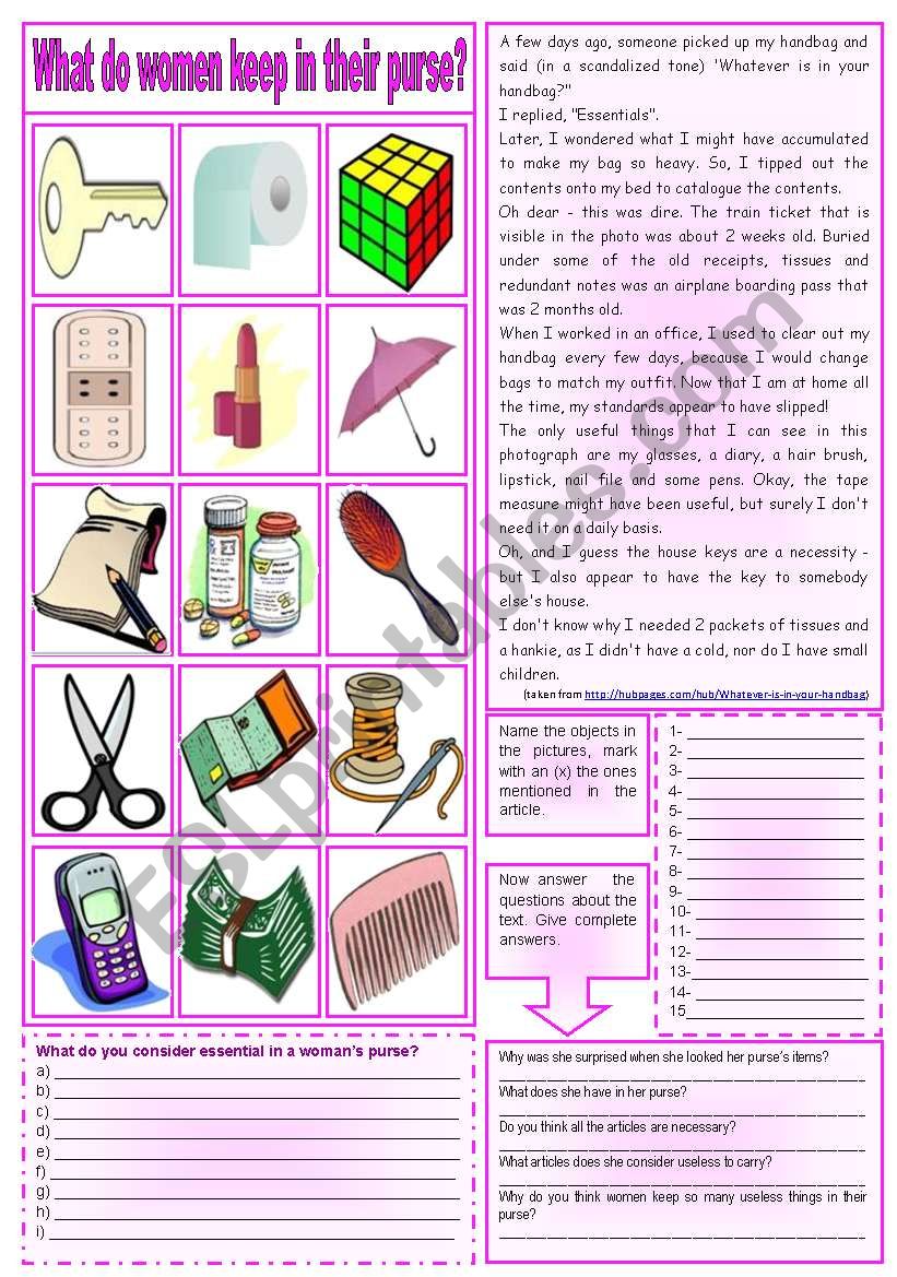 What do women keep in their purse? (Reading comprehension + vocabulary + homework) ***fully editable ((2 pages))