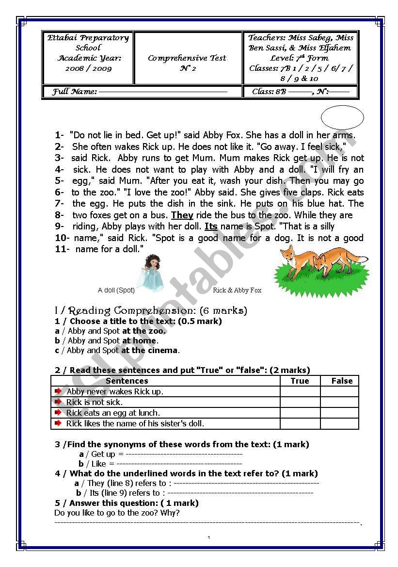 Comprehensive Test worksheet