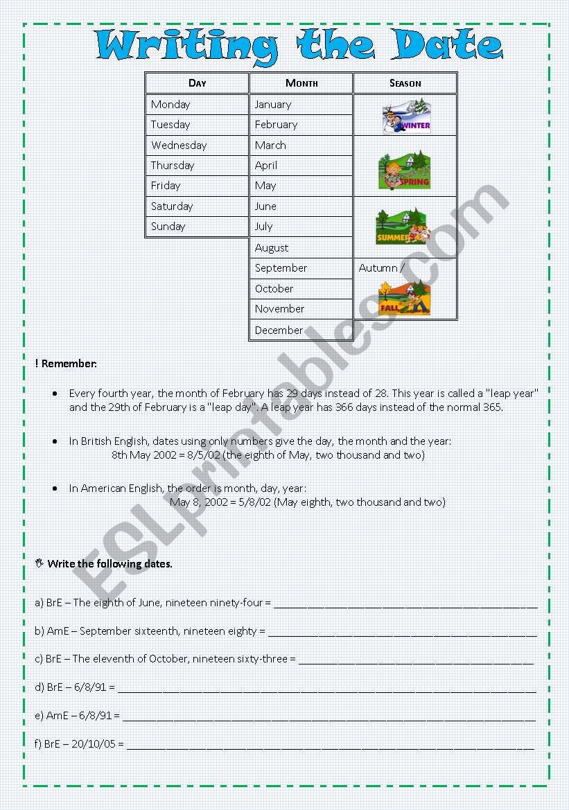 Writing the Date worksheet