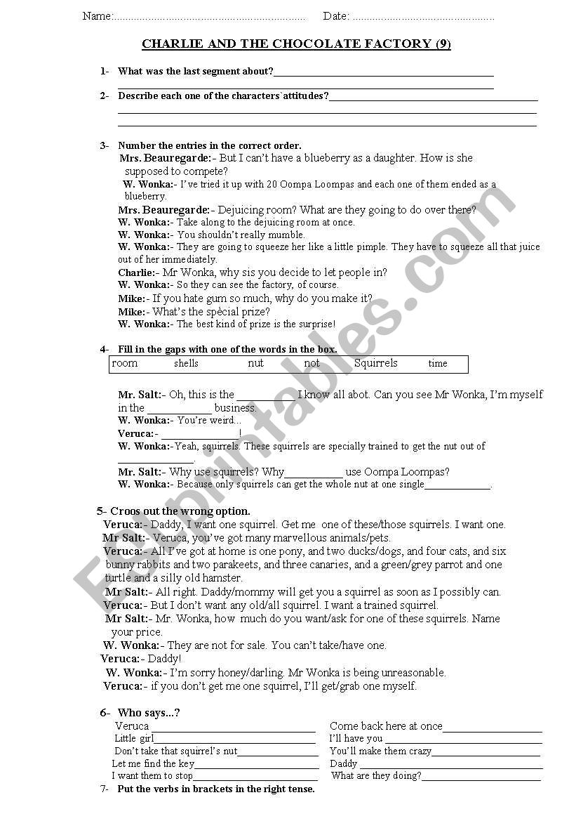 Charlie and the chocolate factory (movie worksheet)