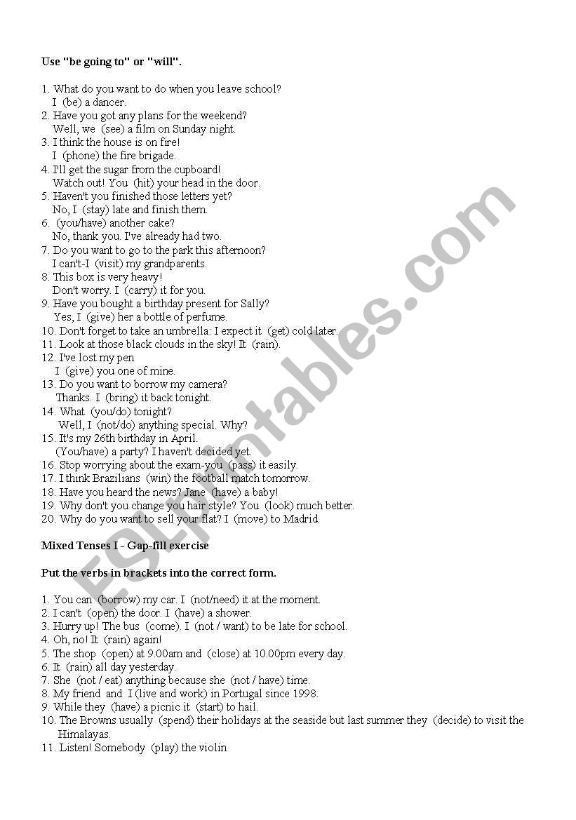 will and going to worksheet