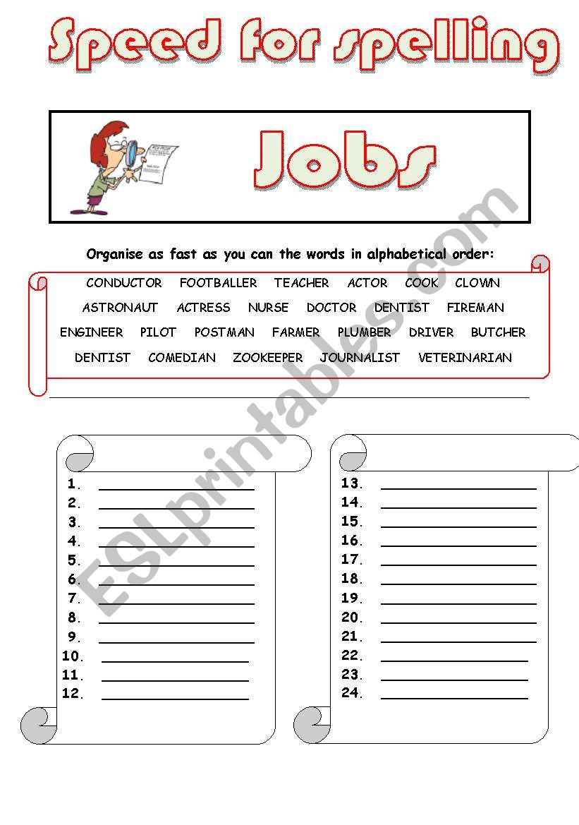 JOBS - speed for spelling worksheet