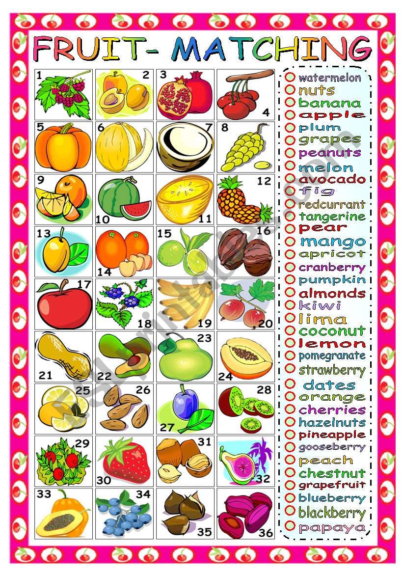 FRUIT - MATCHING WORDS AND PICTURES (B&W VERSION INCLUDED)