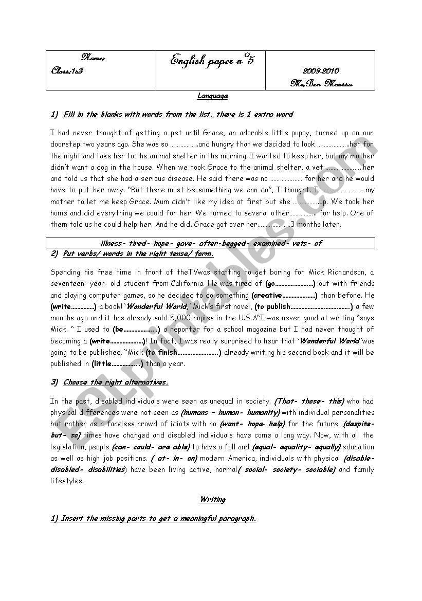 A 1 st year secondary school test. A Tunisian test.