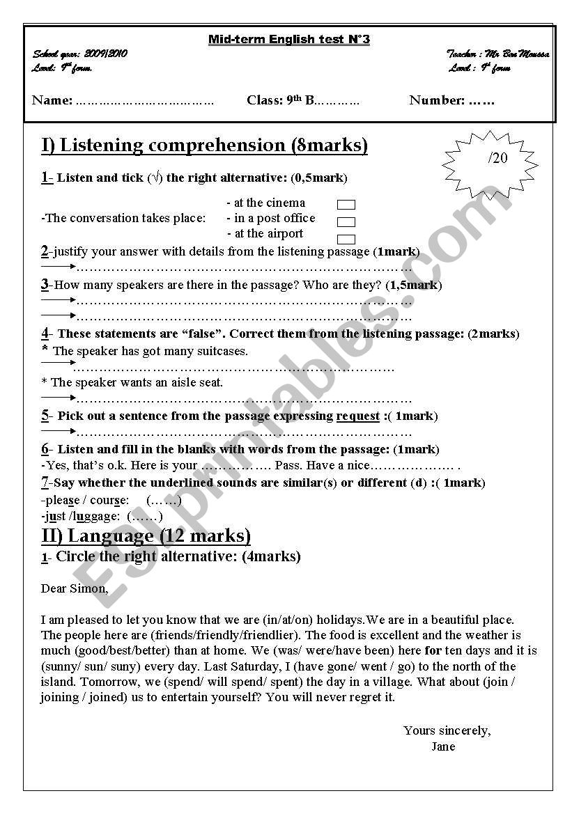 9 th year mid term test n 3 worksheet