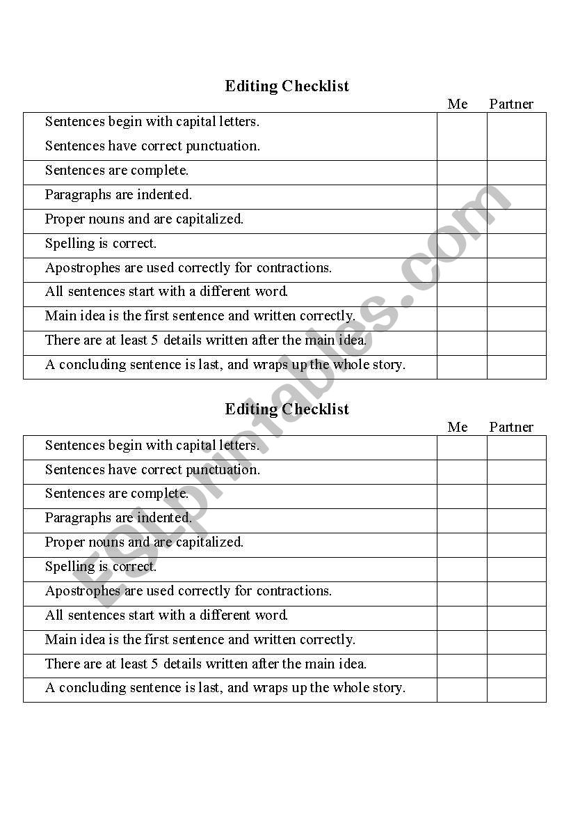 Editing Checklist worksheet