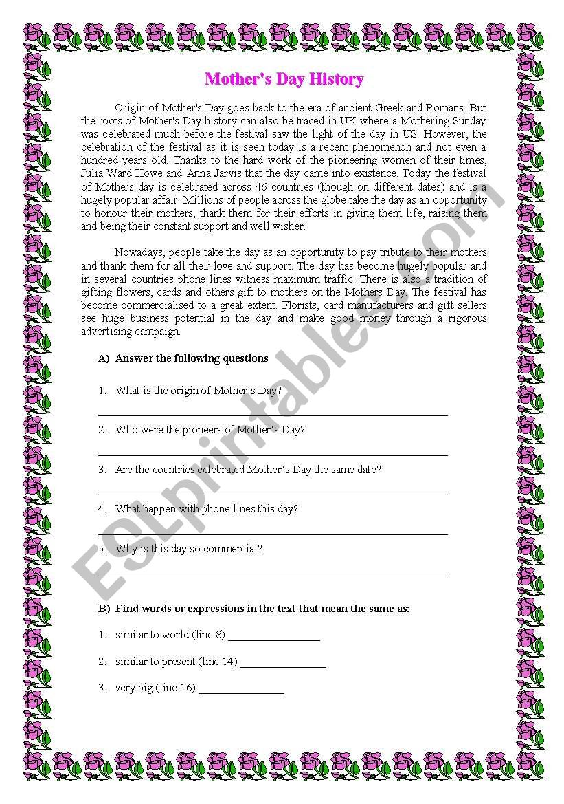 Mothers day history worksheet