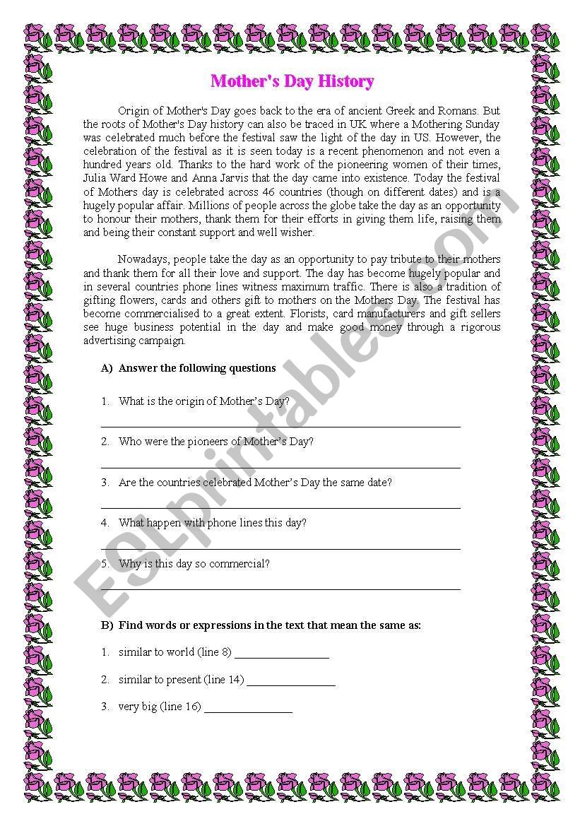 MotherÂ´s day history worksheet