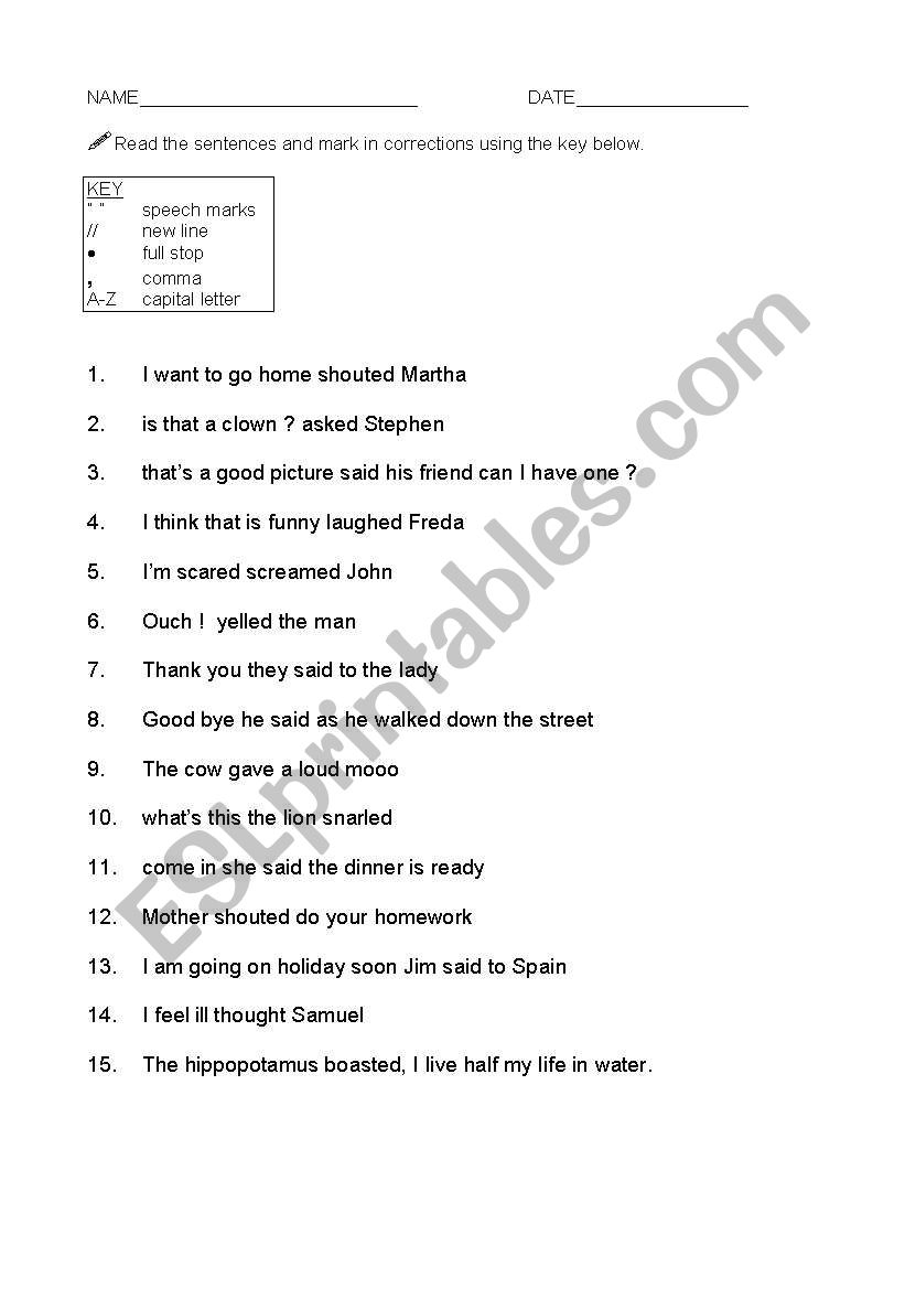 Speech and quotation marks worksheet