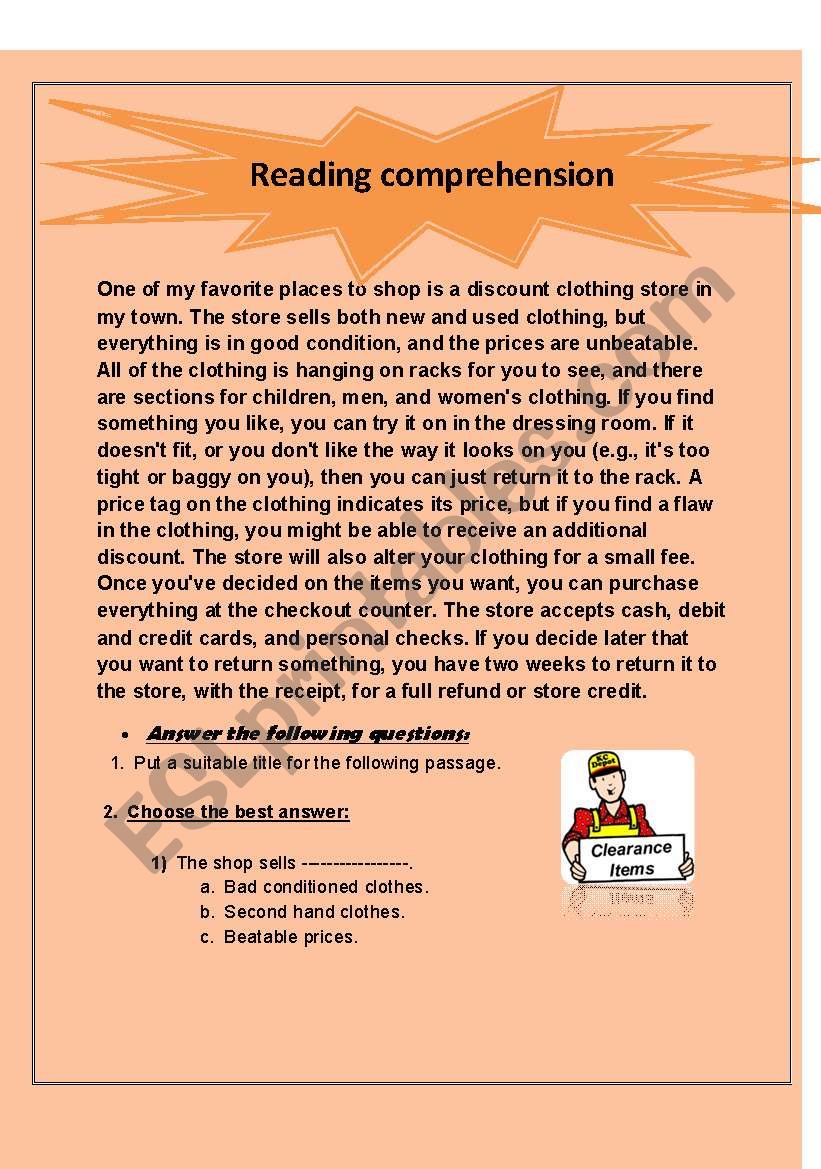 shopping comprehension worksheet