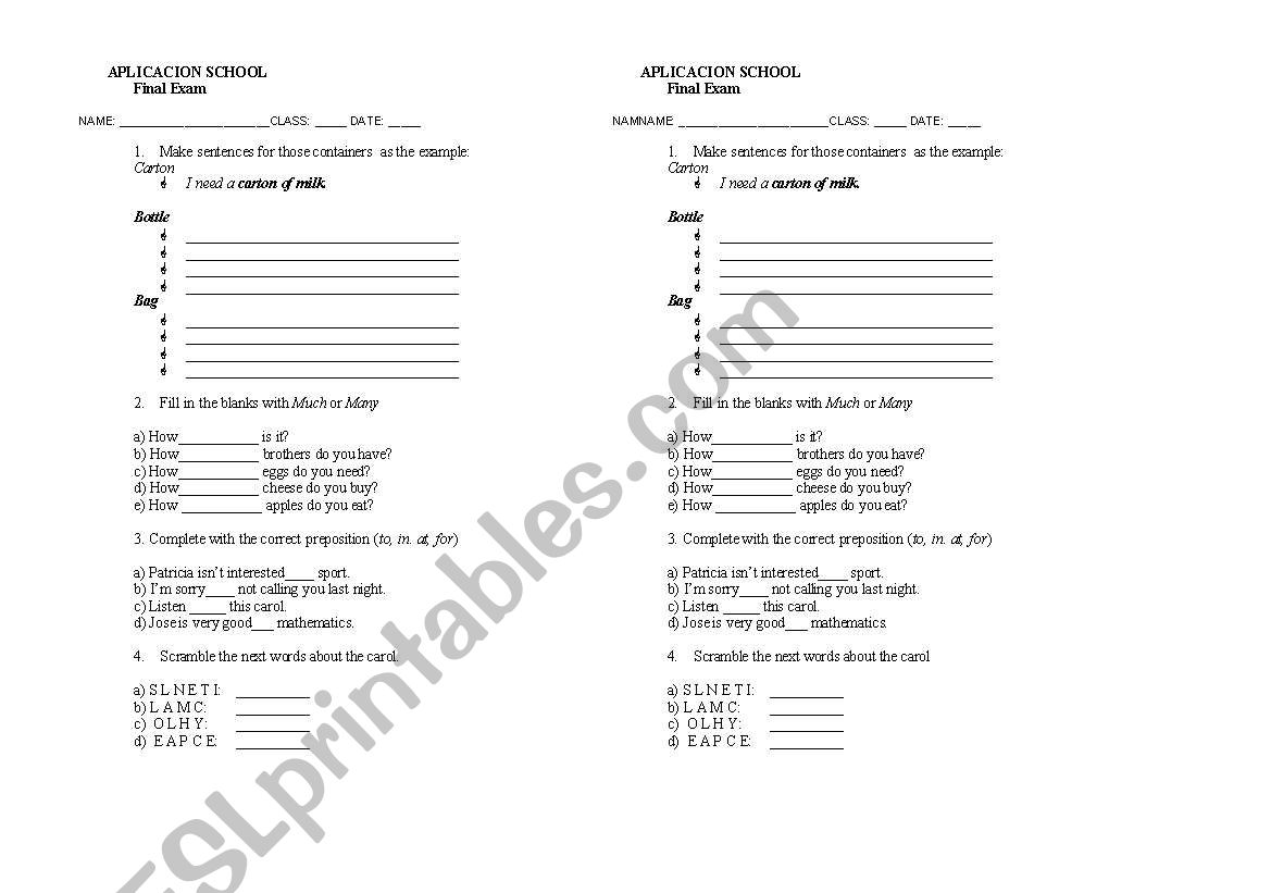 exam worksheet