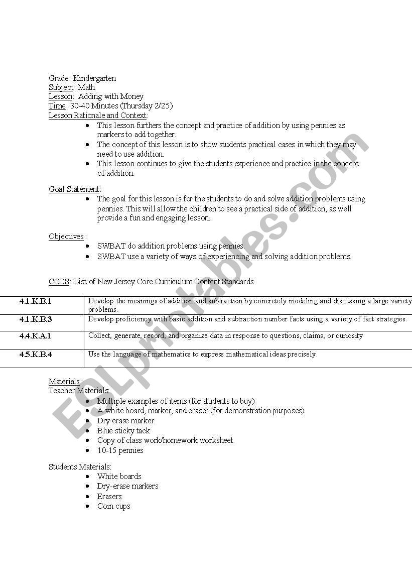 Addition with Pennies worksheet