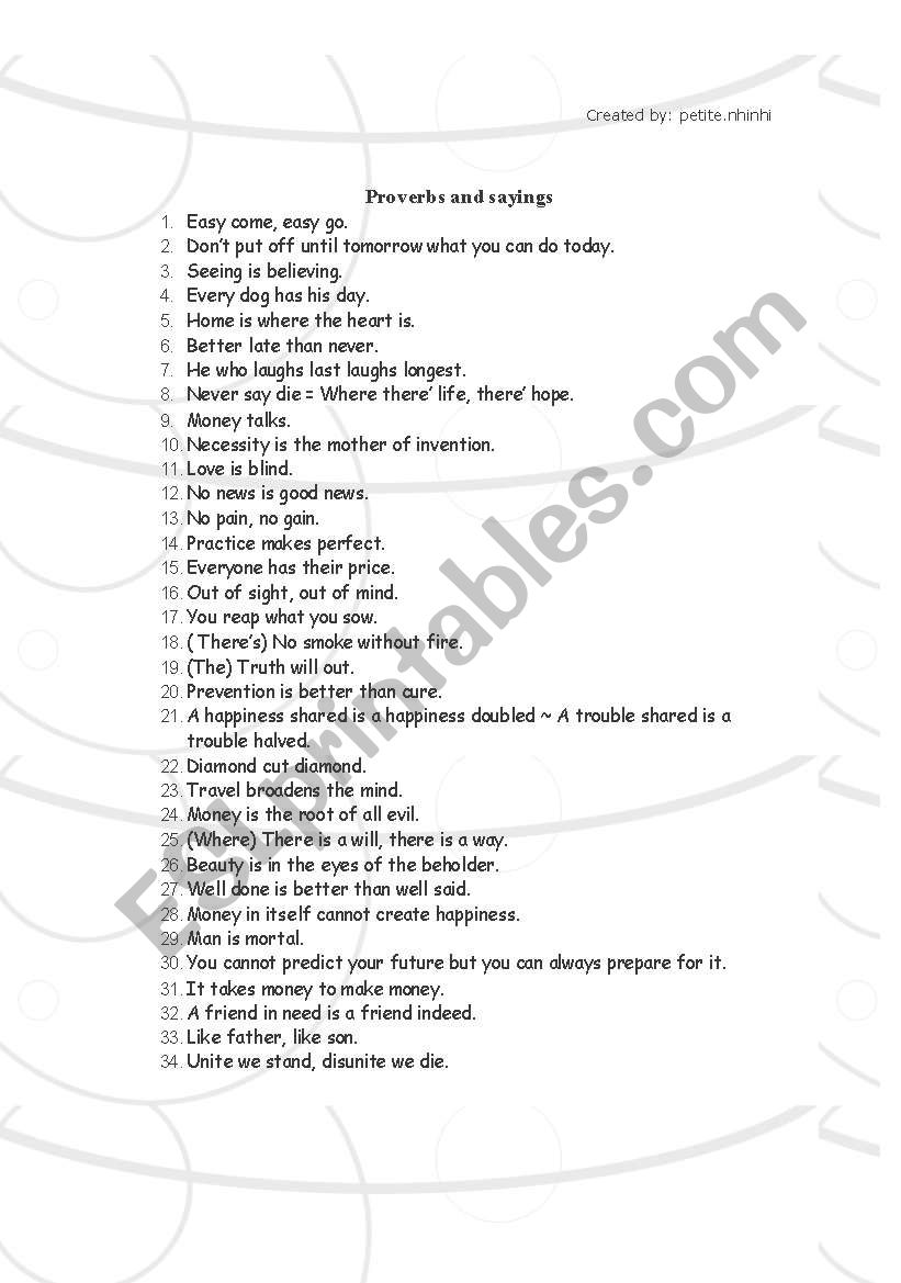 Proverbs and sayings worksheet