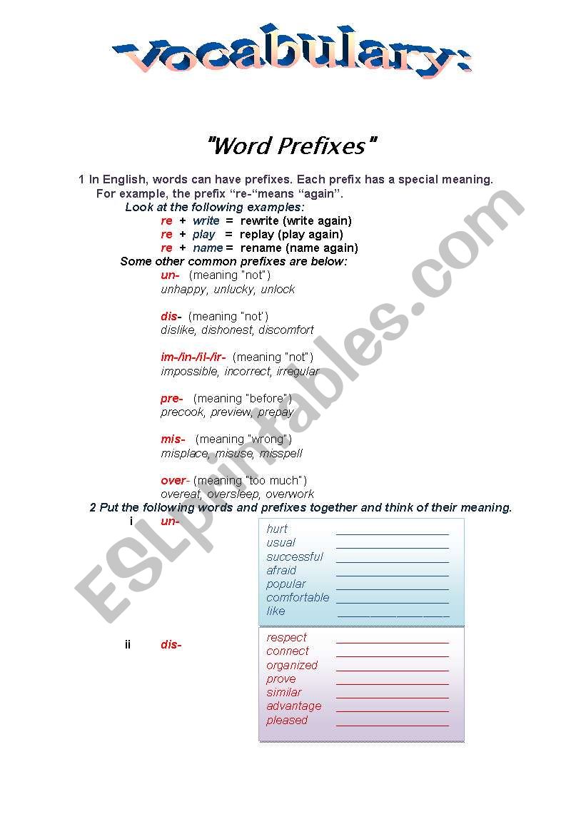 Vocabulary Prefixes worksheet