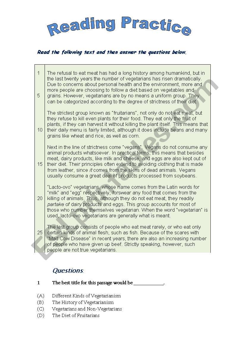 Reading Comprehension Skill worksheet