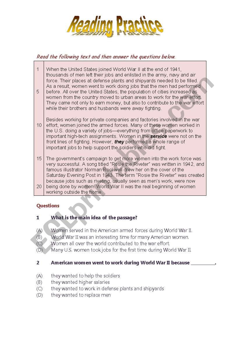 Reading Comprehension Skill worksheet