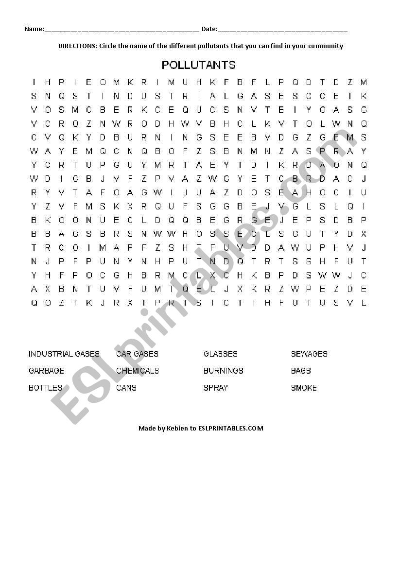 POLLUTANTS worksheet