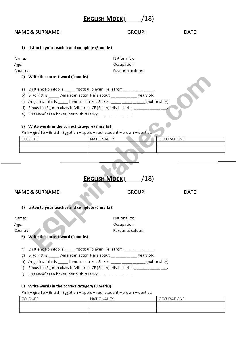 English Mock worksheet
