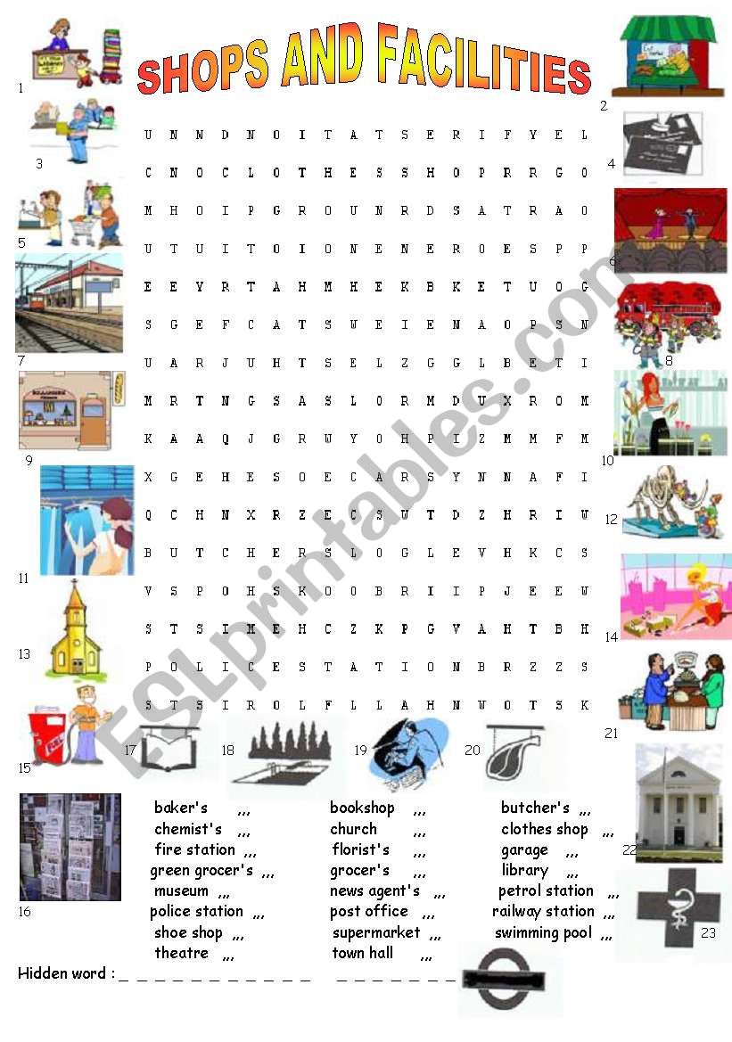 Wordsearch : Shops and facilities